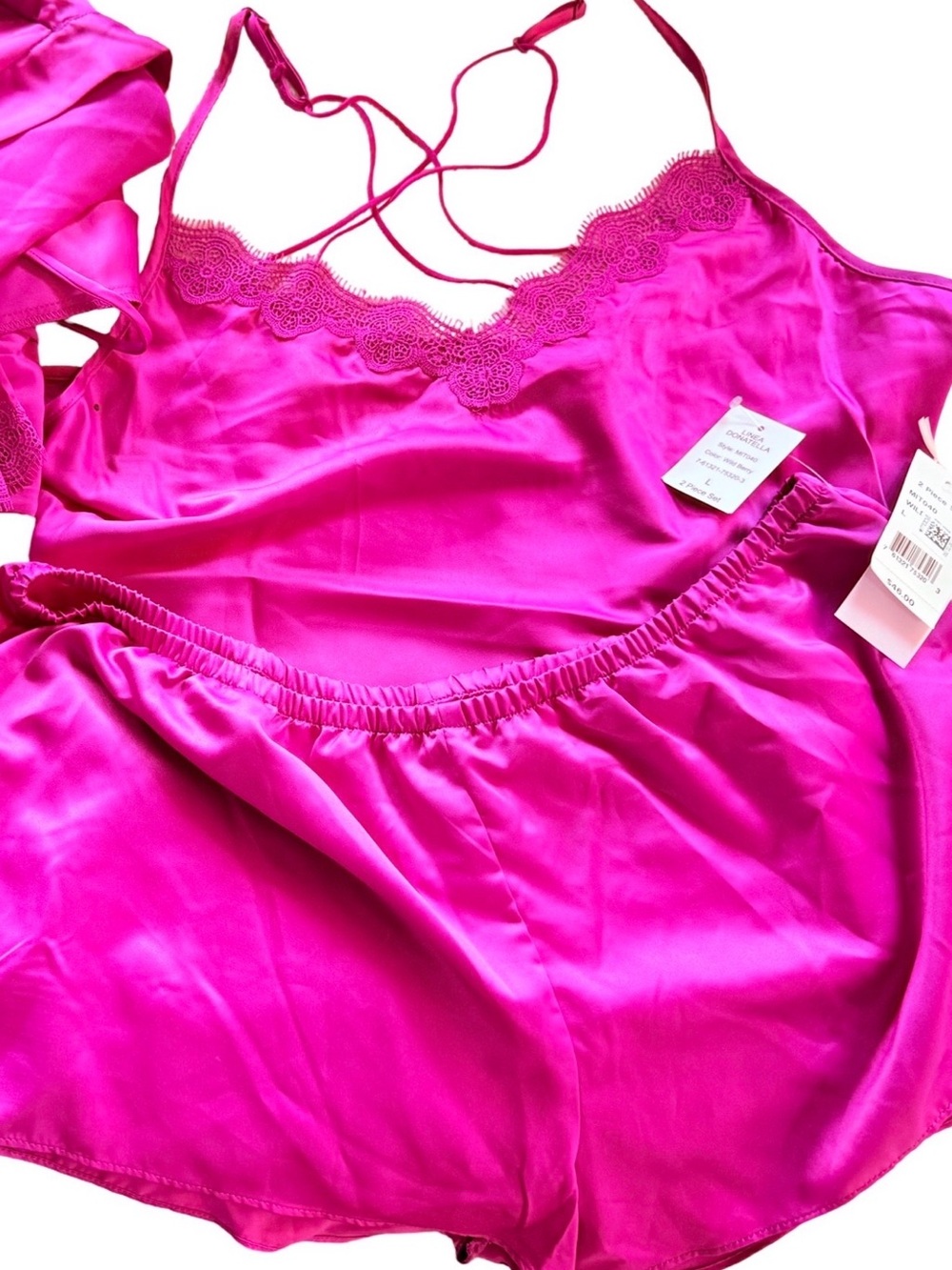 NWT Linea Donatella 3pc Satin Cami Shorts Robe Set Wild Berry Sz L - Picture 11 of 11